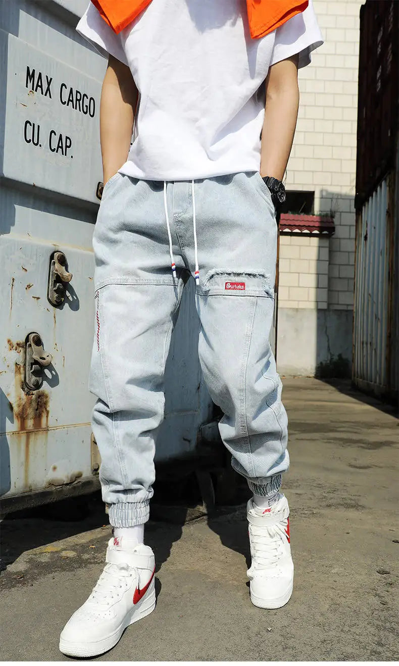 Korean Fashion Ankle Banded Denim Men Jeans Black Gray Cargo Pants for Men Elastic Baggy Harem Pants Streetwear Hip Hop Jeans