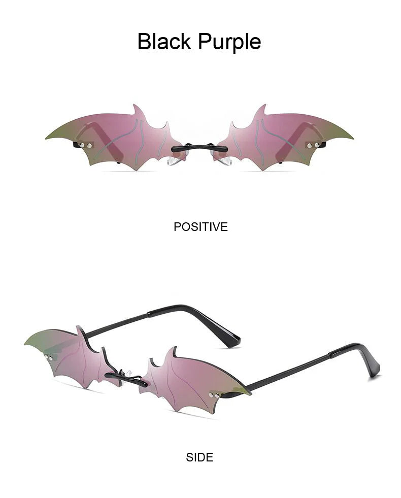 Fashion Rimless Men Sunglasses Women Trendy Bat Shaped Sun Glasses Female Male Vintage Black Mirror Shades Metal Oculos De Sol