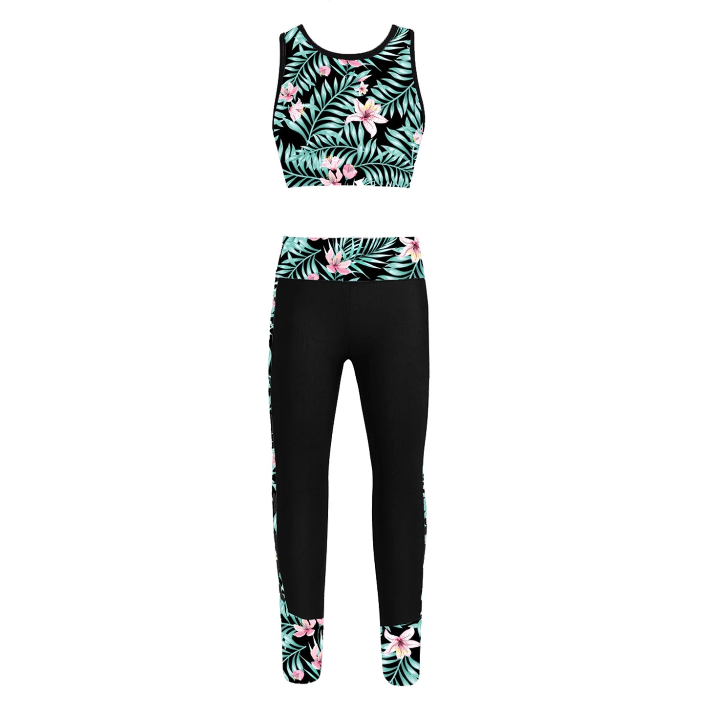 Teenage Girls Sportswear Suits Gymastics Workout Outfits Mesh Racer Back Tanks Crop Top with Leggings for Ballet Dancewear Sets