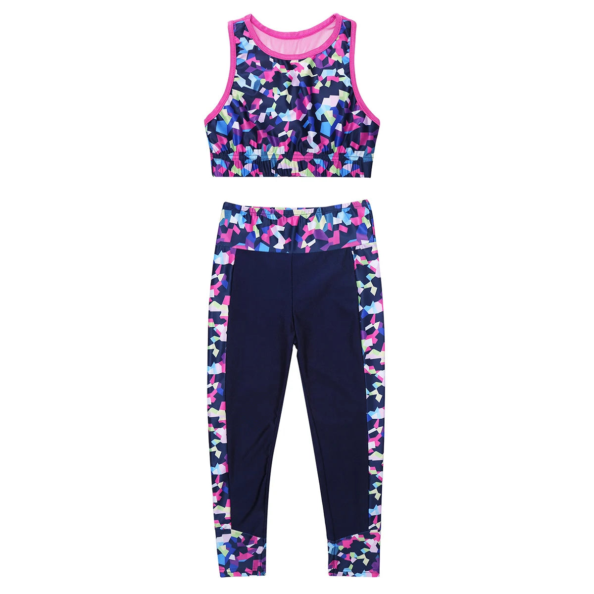 Teenage Girls Sportswear Suits Gymastics Workout Outfits Mesh Racer Back Tanks Crop Top with Leggings for Ballet Dancewear Sets