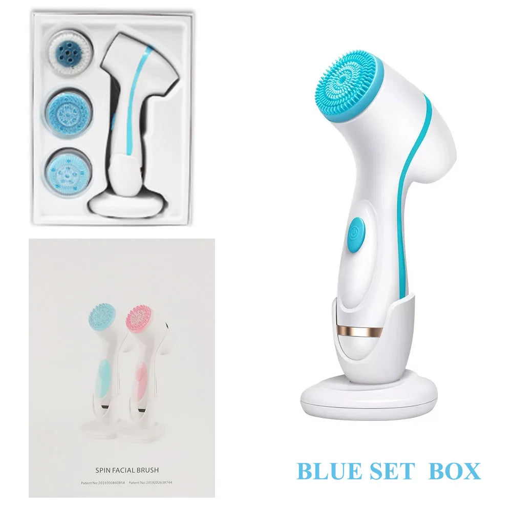Facial Cleansing Brush Sonic Electric Face Cleanser Waterproof Soft Deep Pore Massage 3 Heads 4 Modes Blackhead Remover Machine