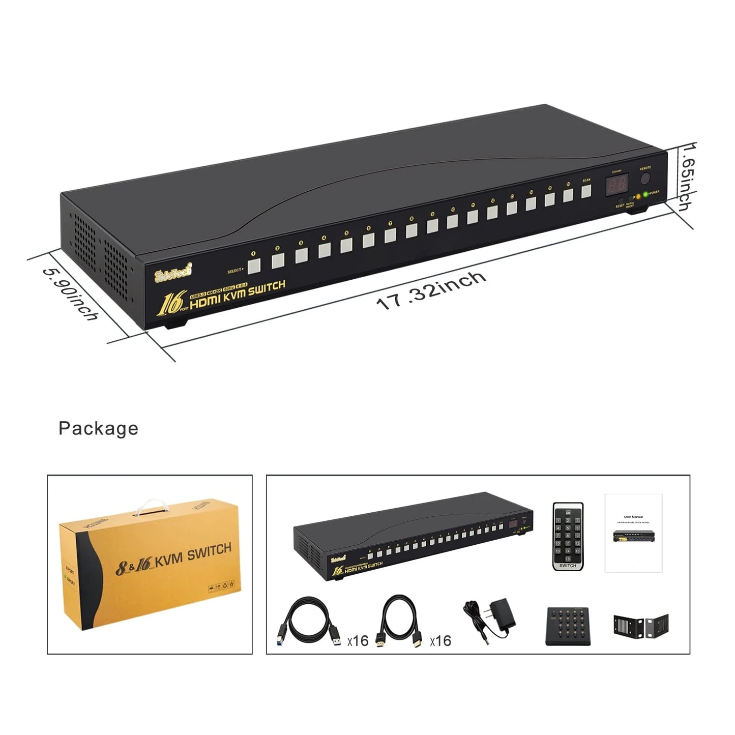 JideTech 16x1 HDMI KVM Switch with USB 3.0 HUB, 16 in 1 Out 4K HDMI Switcher with 4K 60Hz Resolution, Rack Mount KVM Switch