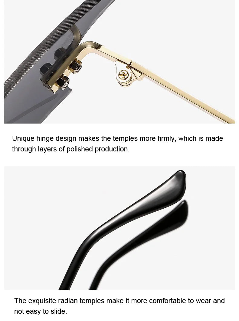 Fashion Rimless Men Sunglasses Women Trendy Bat Shaped Sun Glasses Female Male Vintage Black Mirror Shades Metal Oculos De Sol