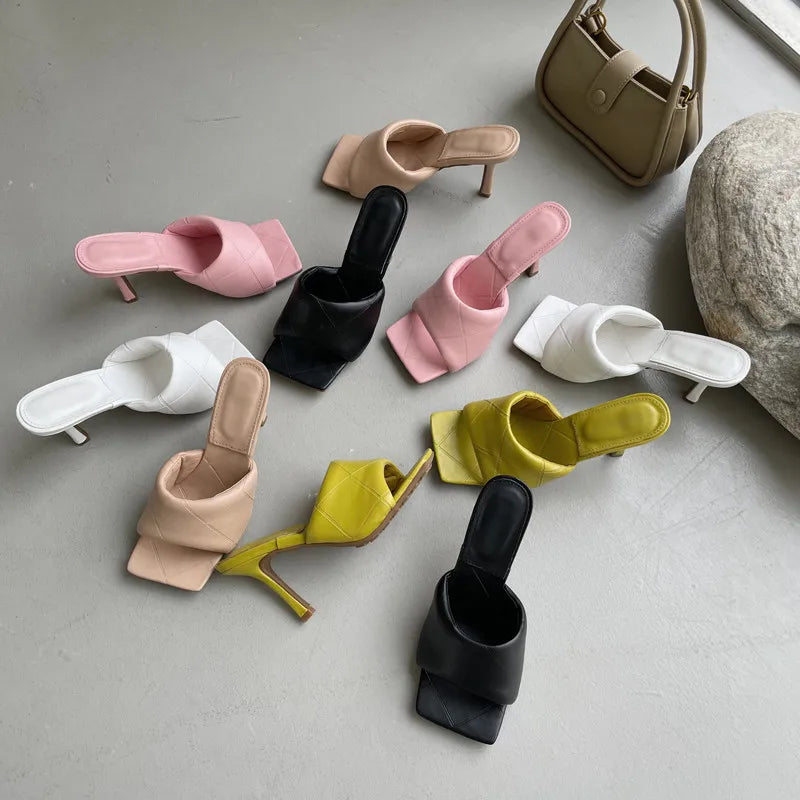 Eilyken Summer New Women Slipper Peep Toe Thin High Heel Sandal Shoes Ladies High Quality PU Leather Slides Pumps