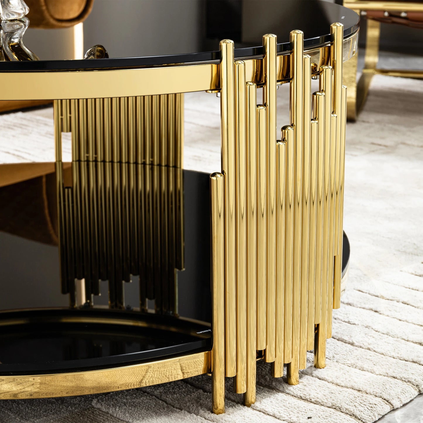 Hotel Luxury Round Shape Glass Top Coffee Table Round for Living Room Black and Gold Home Furniture Stainless Steel Tea Table