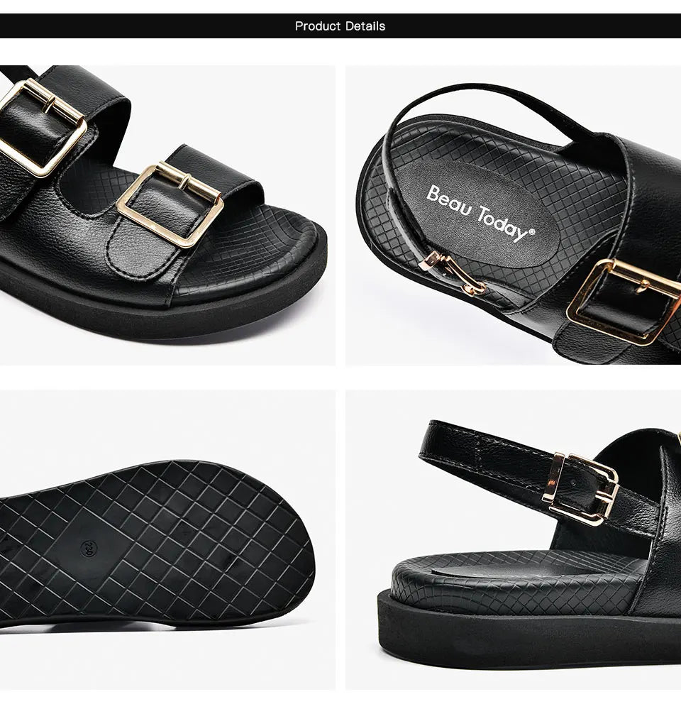 BeauToday Casual Sandals Women Genuine Leather Metal Ankle Buckle Strap Summer Beach Ladies Low Heel Sport Shoes Handmade 38128