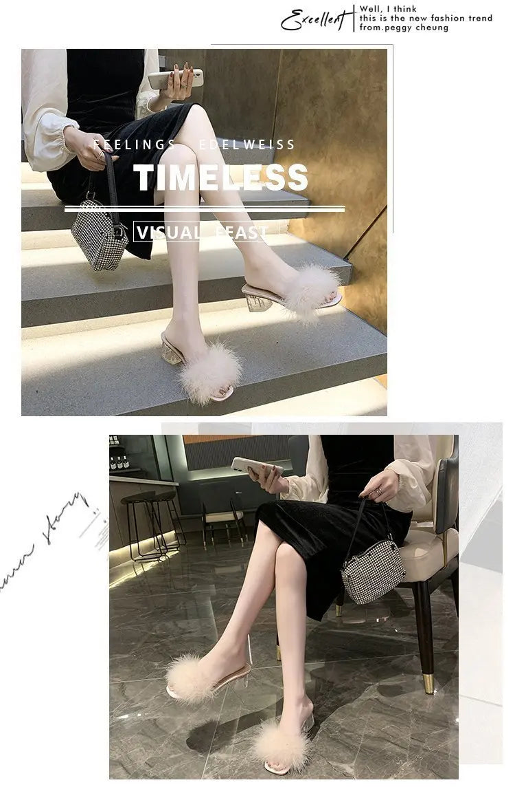 Mules Sandal Women Summer Outdoor Fashion Slippers Square Toe High Heels Office Ladies Feather Slides Chic Classics Furry Shoes