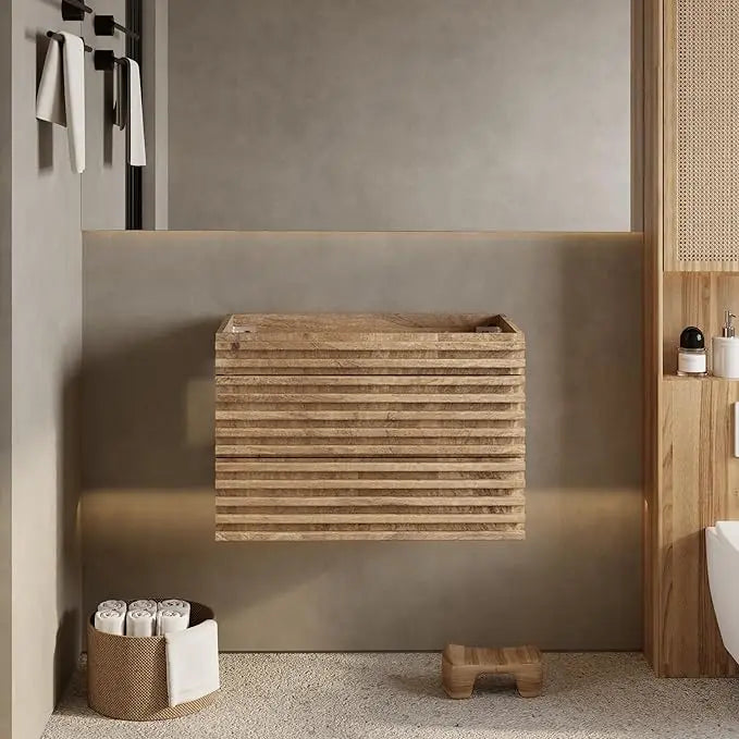 24" 30" 36" Mid-Century Wall Mounted Big Drawer Cabinet Wood Stripes Style Floating Bathroom Vanity with Ceramic Sink