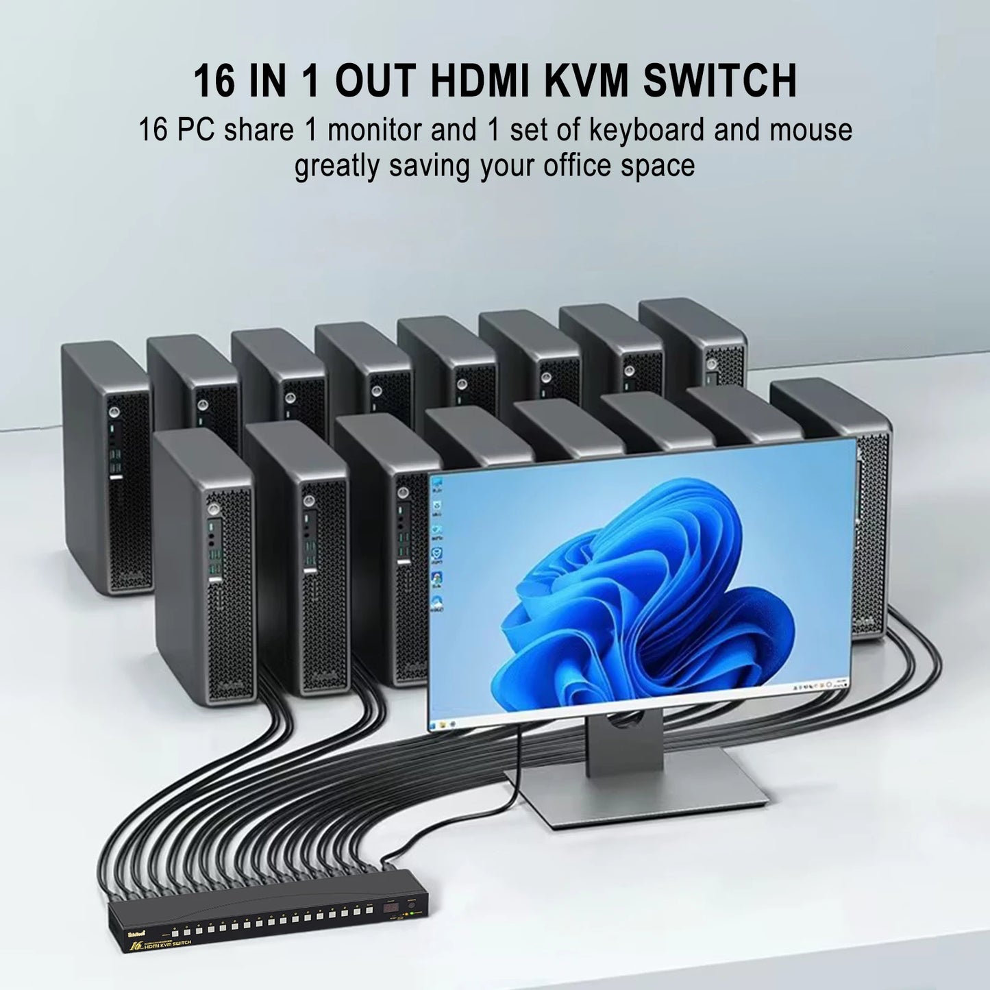 JideTech 16x1 HDMI KVM Switch with USB 3.0 HUB, 16 in 1 Out 4K HDMI Switcher with 4K 60Hz Resolution, Rack Mount KVM Switch