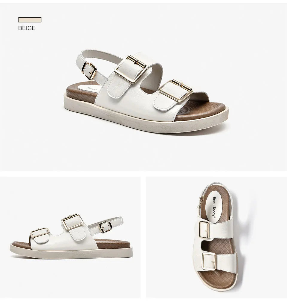 BeauToday Casual Sandals Women Genuine Leather Metal Ankle Buckle Strap Summer Beach Ladies Low Heel Sport Shoes Handmade 38128
