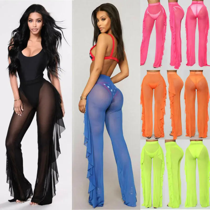 New 2020 Summer Women Beach Mesh Ruffle Sheer Wide Leg Pants Trousers Bikini Cover Up