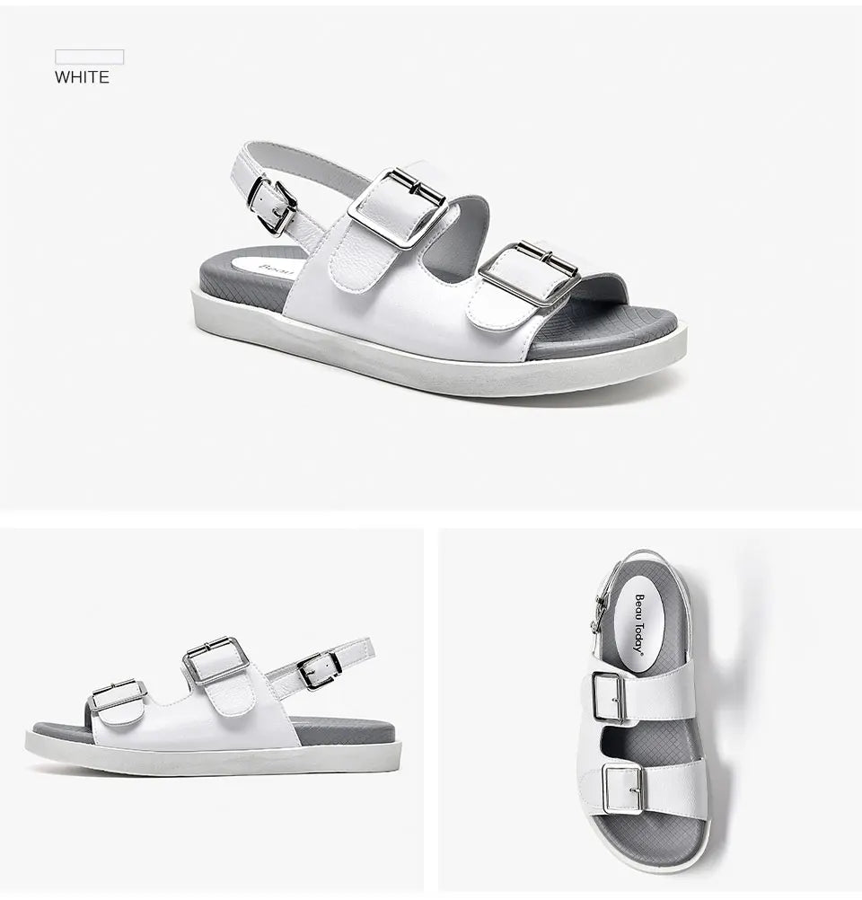 BeauToday Casual Sandals Women Genuine Leather Metal Ankle Buckle Strap Summer Beach Ladies Low Heel Sport Shoes Handmade 38128