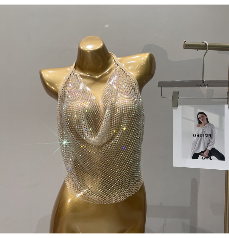 Women's Summer 2023 Sexy Rhinestone Solid Color Camisole Tie Backless Bandage Corset Top Fashion Peplum