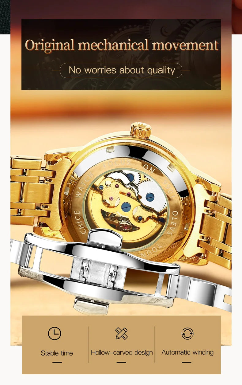 OLEVS Skeleton Watch Men Waterproof Luminous Casual Automatic Mechanical Watche Sports Men Black Steel Wristwatch Reloj Hombre