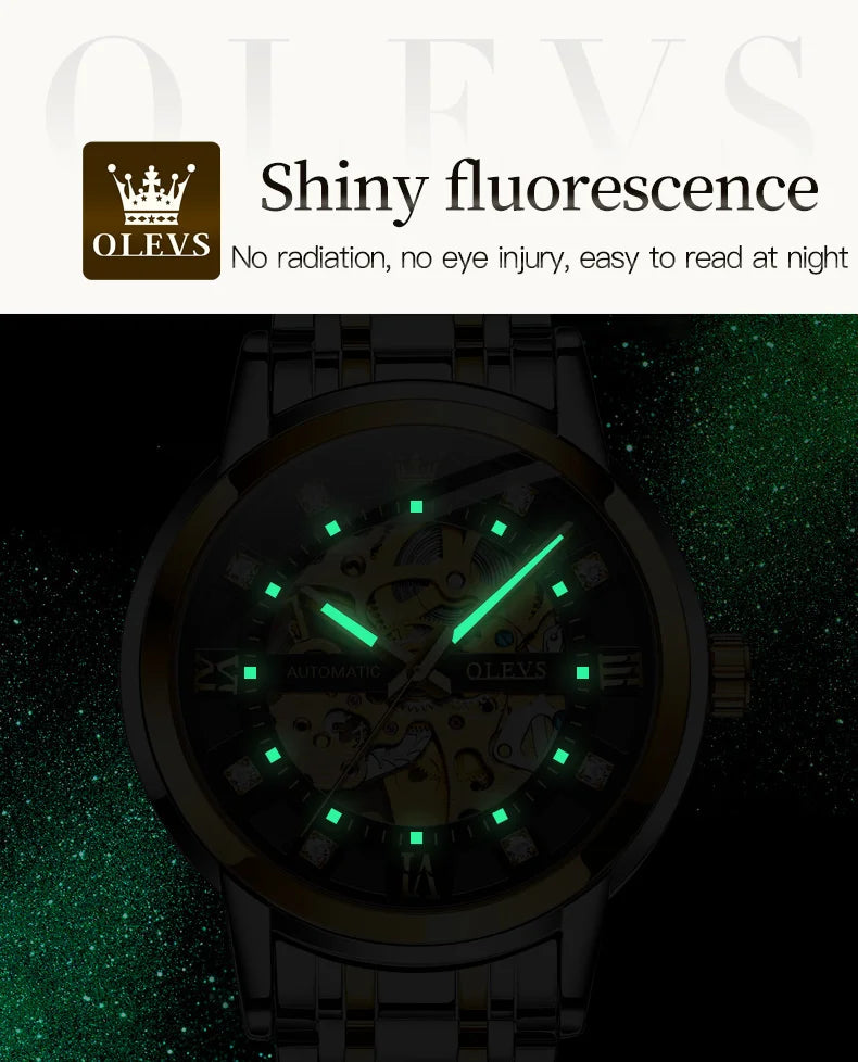 OLEVS Skeleton Watch Men Waterproof Luminous Casual Automatic Mechanical Watche Sports Men Black Steel Wristwatch Reloj Hombre