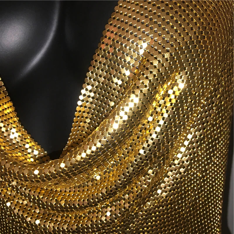 Women 2025 Sexy Metal Sequined Tank Camis Summer Gold Silver Backless Cropped Glitter Beach Club Show Wear Tank Tops