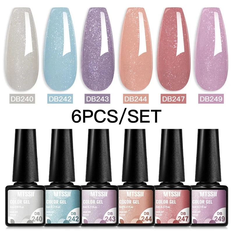 6Pcs/Set Blue Glitter Bright Gel Nail Polish Set Semi Permanent Spring Summer Colors Series Soak Off UV Nail Art Gel Varnish