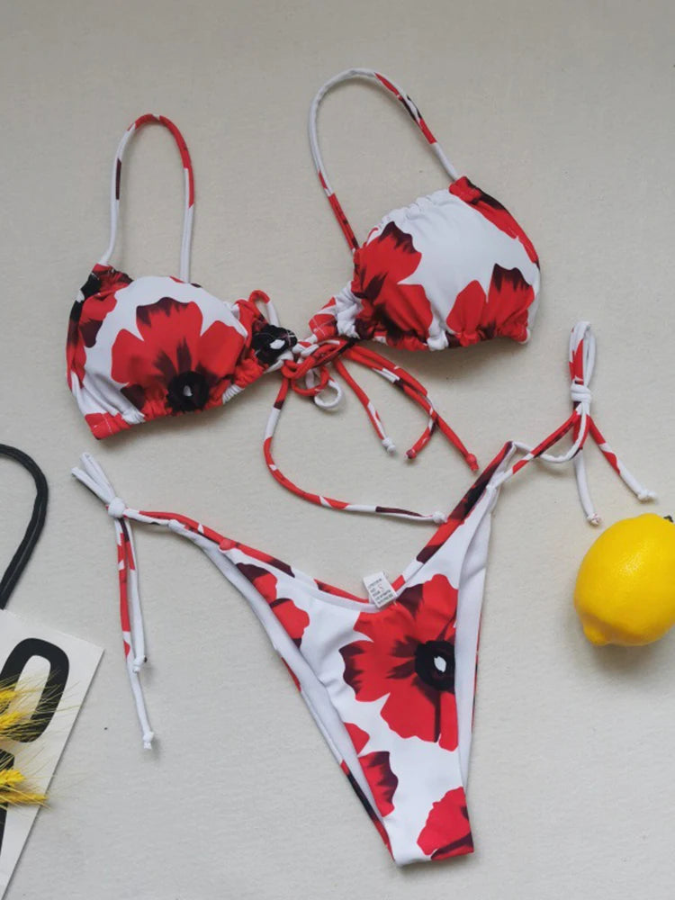 OIINAA Sexy Bikini Set Women Swimsuit Two-Piece Lace Up Pleated Female Swimwear Backless Bathing 2025 Summer Fashion Beachwear