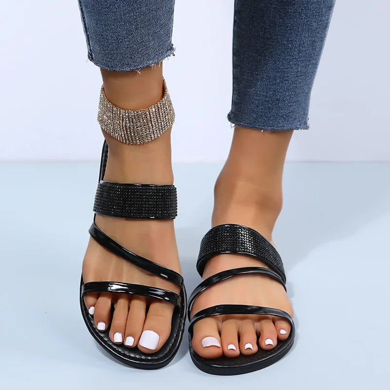 Summer Women Sandals Flat Sandal Sparkle Rhinestone Slide Trendy Women's Beach Sparkly Dressy Slip on Bling Casual Shoes