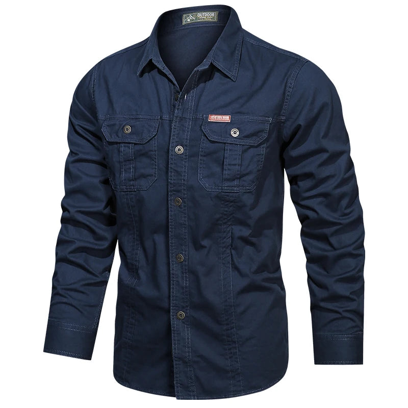 New Autumn Fashion Coton Shirts for Men Long Sleeve Multi-Pocket Cargo Shirt Solid Color Casual Outdoor Colthing Men's Shirt