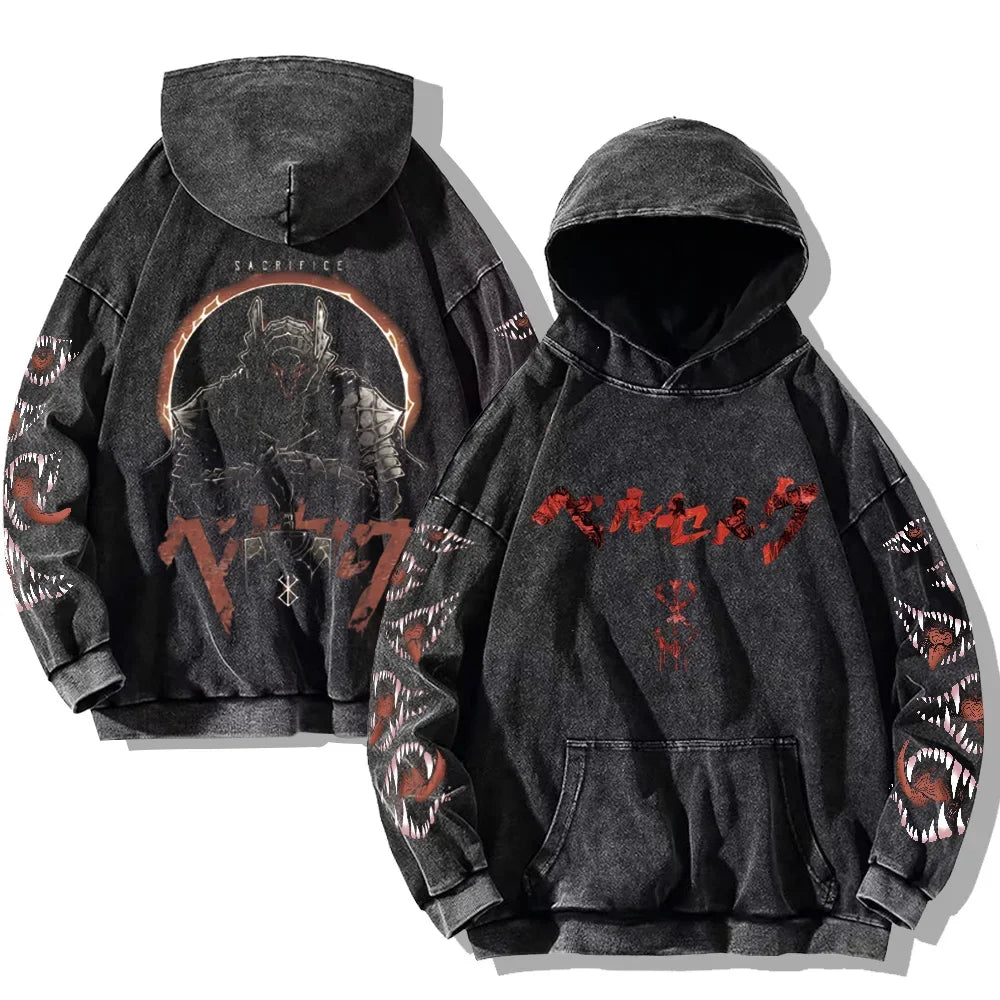 Autumn Men's Hoodies Gothic Print Vintage Washed Hoodie Hip Hop Streetwear Cotton Sweatshirts Harajuku Casual Pullover Y2K Tops