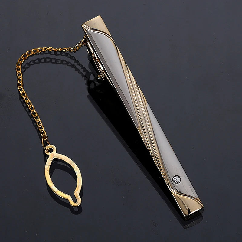 New Metal Gold Color Tie Clip With Chain For Men Wedding Necktie Tie Clasp Clip Gentleman Ties Bar Tie Pin For Men's Accessories