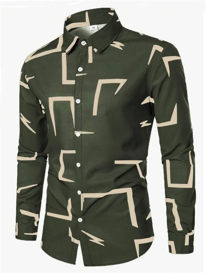Men's casual versatile fashion street men's shirt lapel single-breasted long-sleeved men's simple geometric long-sleeved shirt