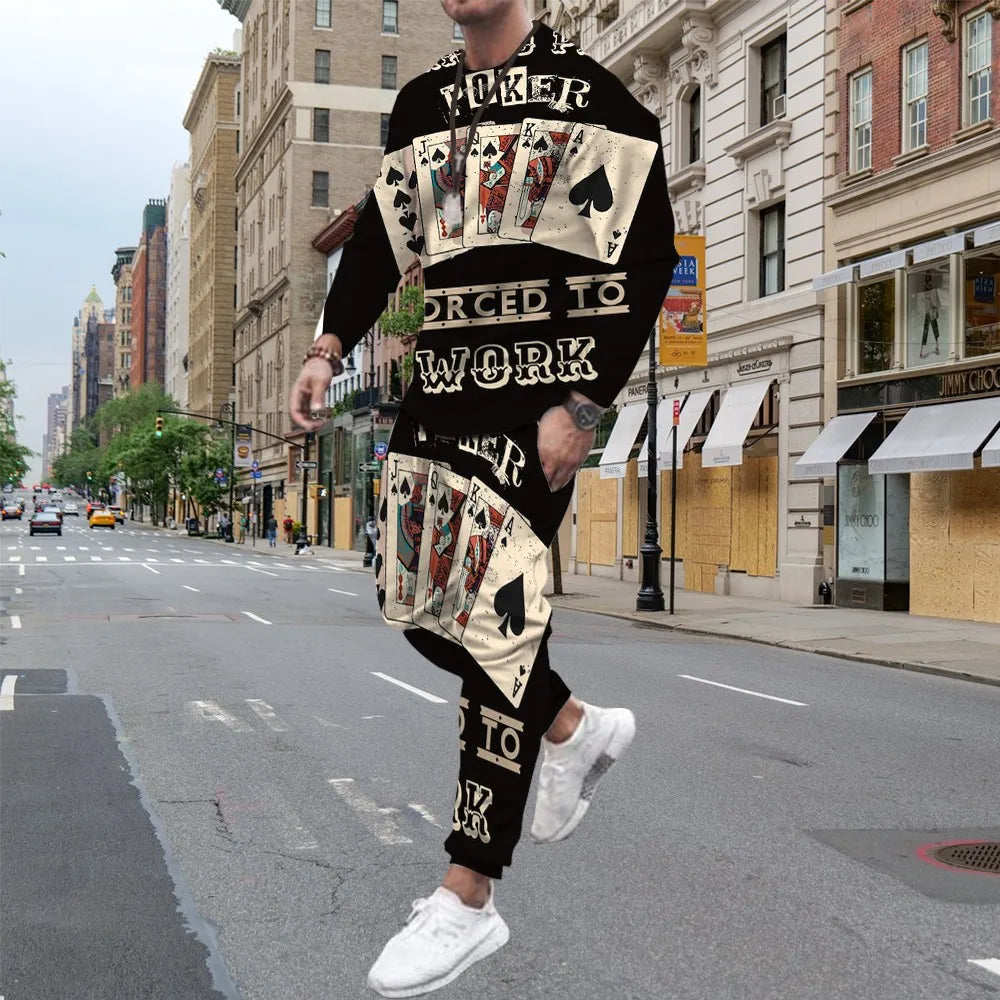 Fashion Poker 3D Print Men's Sportswear Set Casual Long-Sleeved T Shirt Pants 2-Piece Set Oversized Pullover Men Clothing