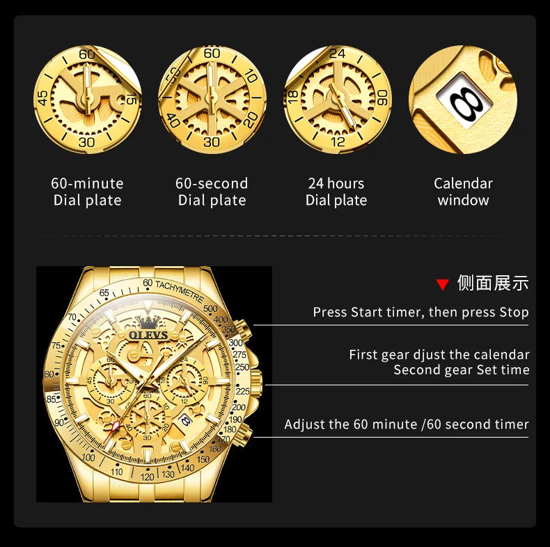 OLEVS Business Gold Men Watches Full Skeleton Stainless steel Chronograph Wristwatch Waterproof Luxury Luminous Quartz Watch Men