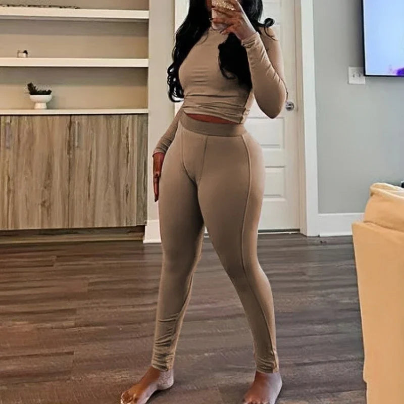 FAGADOER Autumn Winter New Ribbing 2 Piece Sets Women Outfit Solid Long Sleeve Crop Top + High Waist Leggings Suits Sportswear