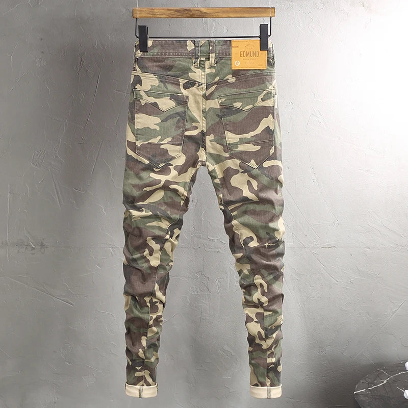Fashion Vintage Men Jeans Camo Trousers Elastic Slim Fit Hip Hop Jeans Men Spliced Designer Casual Denim Pants