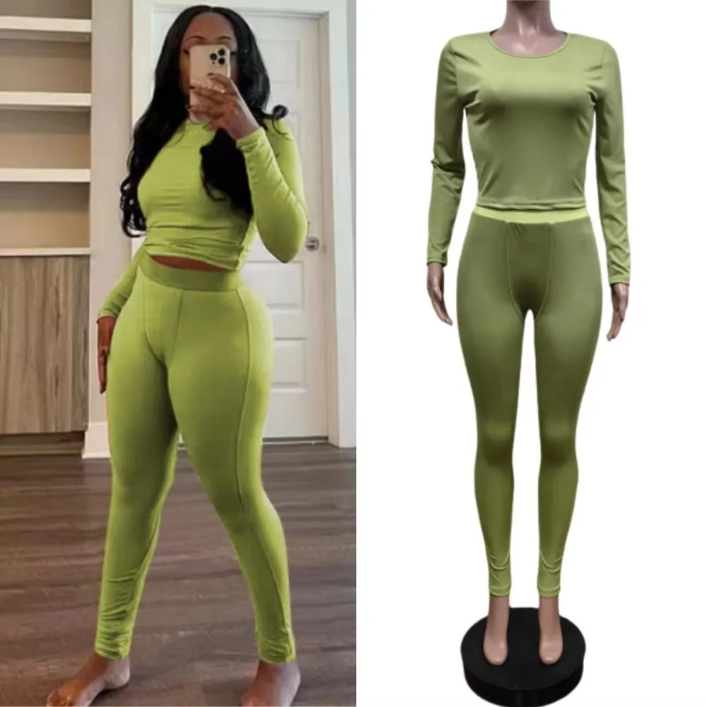 FAGADOER Autumn Winter New Ribbing 2 Piece Sets Women Outfit Solid Long Sleeve Crop Top + High Waist Leggings Suits Sportswear