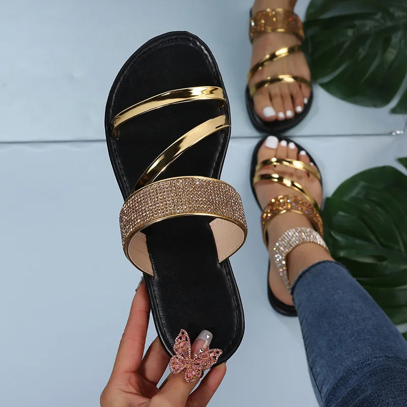 Summer Women Sandals Flat Sandal Sparkle Rhinestone Slide Trendy Women's Beach Sparkly Dressy Slip on Bling Casual Shoes