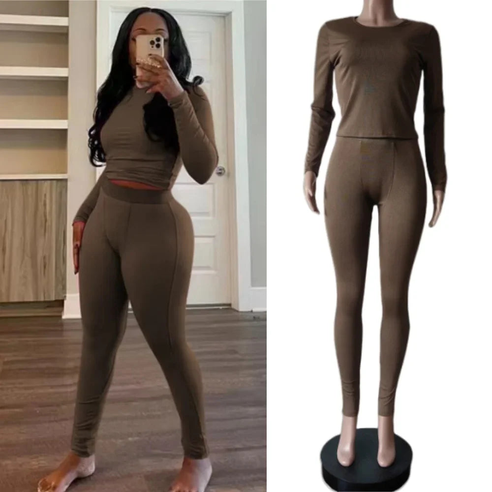 FAGADOER Autumn Winter New Ribbing 2 Piece Sets Women Outfit Solid Long Sleeve Crop Top + High Waist Leggings Suits Sportswear