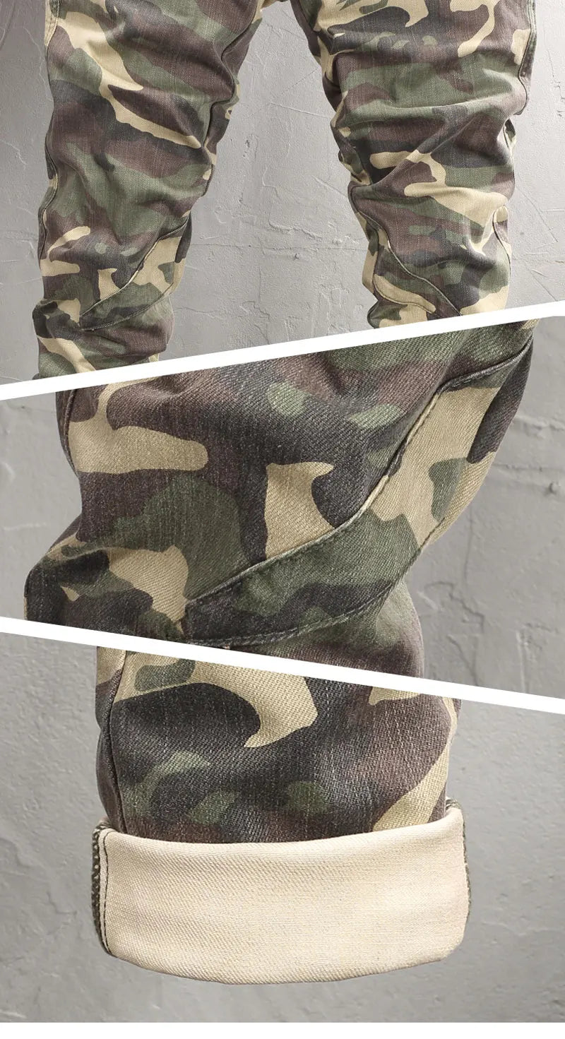 Fashion Vintage Men Jeans Camo Trousers Elastic Slim Fit Hip Hop Jeans Men Spliced Designer Casual Denim Pants