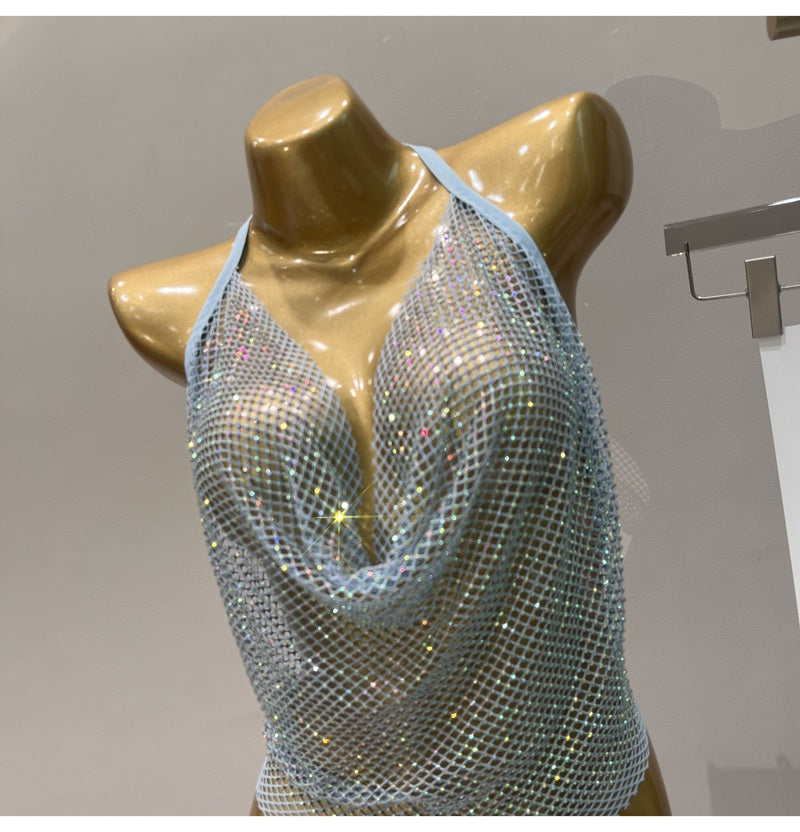 Women's Summer 2023 Sexy Rhinestone Solid Color Camisole Tie Backless Bandage Corset Top Fashion Peplum