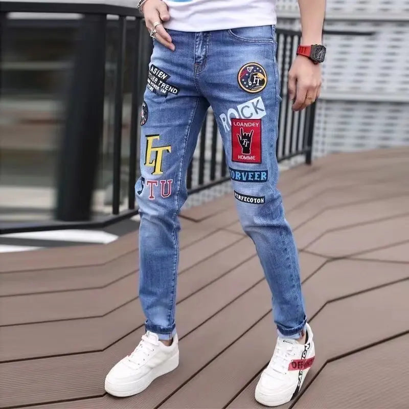 Fashion Korean Style Gray Skinny Jeans Tiger Printing Luxury Men's Streetwear Slim Jeans Autumn Casual Wear Motorcycle Men Jeans