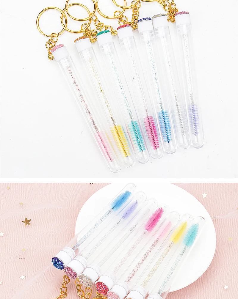 10 Pcs Tube Eyelash Brush With Gold Keychain Glitter Mascara Wand For Women Lash Extension Micro Comb Container Makeup Tools