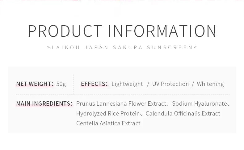 LAIKOU SPF 50 PA+++ Sakura Sunscreen For Face Body Neck Solar Blocker Long-Lasting Sun Block Facial Sunscreen Sun Cream 50g