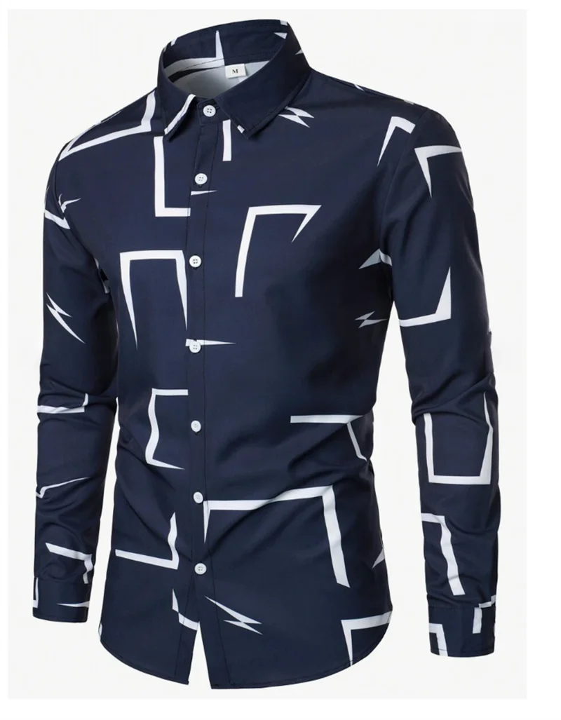 Men's casual versatile fashion street men's shirt lapel single-breasted long-sleeved men's simple geometric long-sleeved shirt