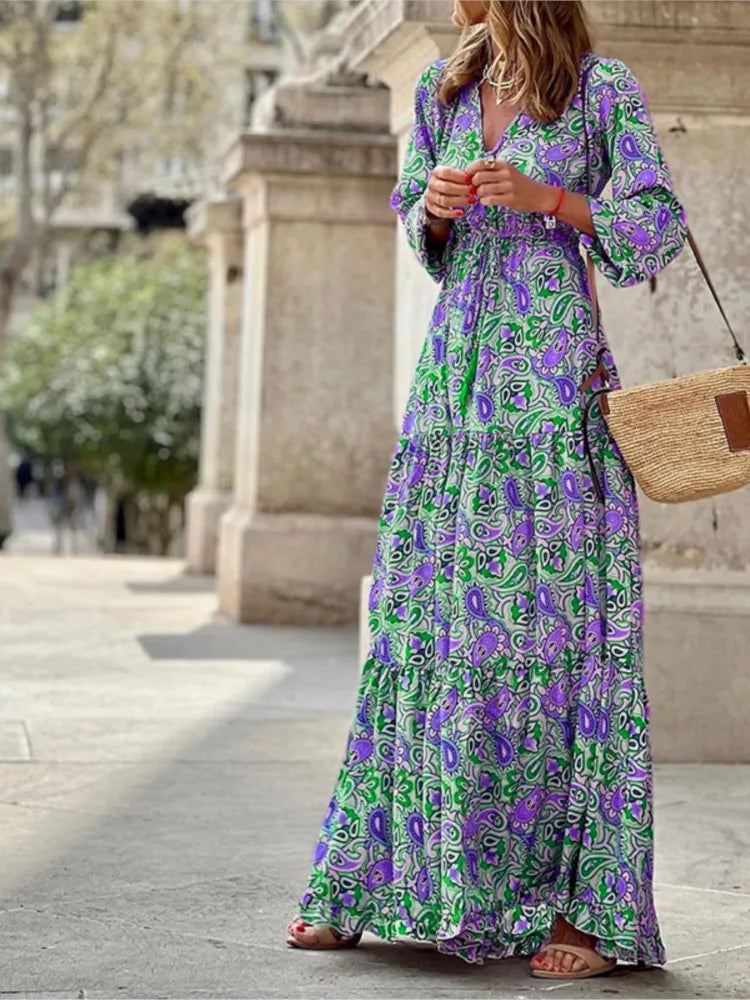 .Women's Autumn New Fashionable Printed Sexy V-neck Long Sleeve High Waist .Elastic Waist Medium Length Bohemian Dress