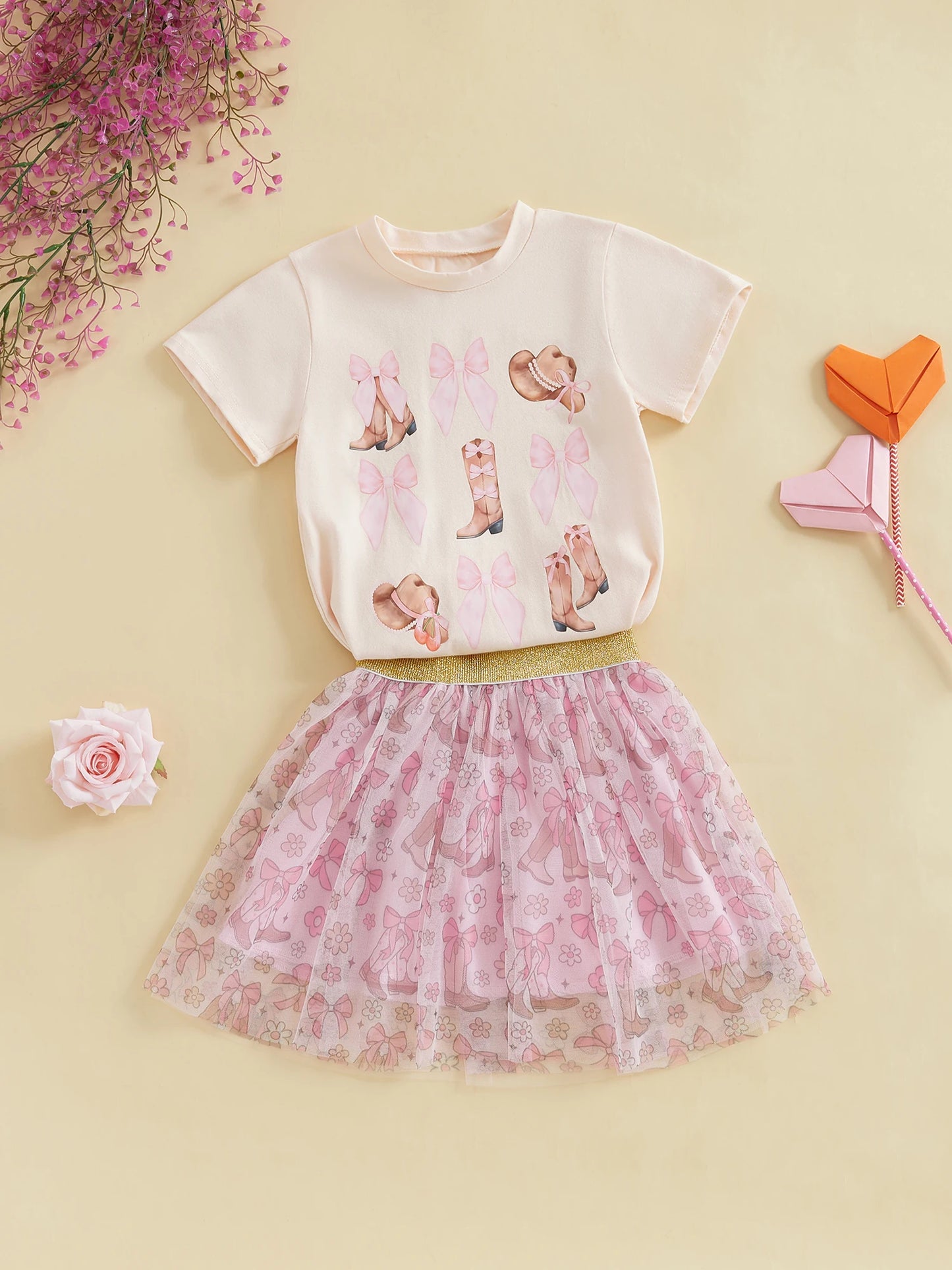 Infant Girls 2-Piece Summer Set with Short Sleeve Bow Boots Print Top and Tulle Skirt Cute Baby Western Outfit