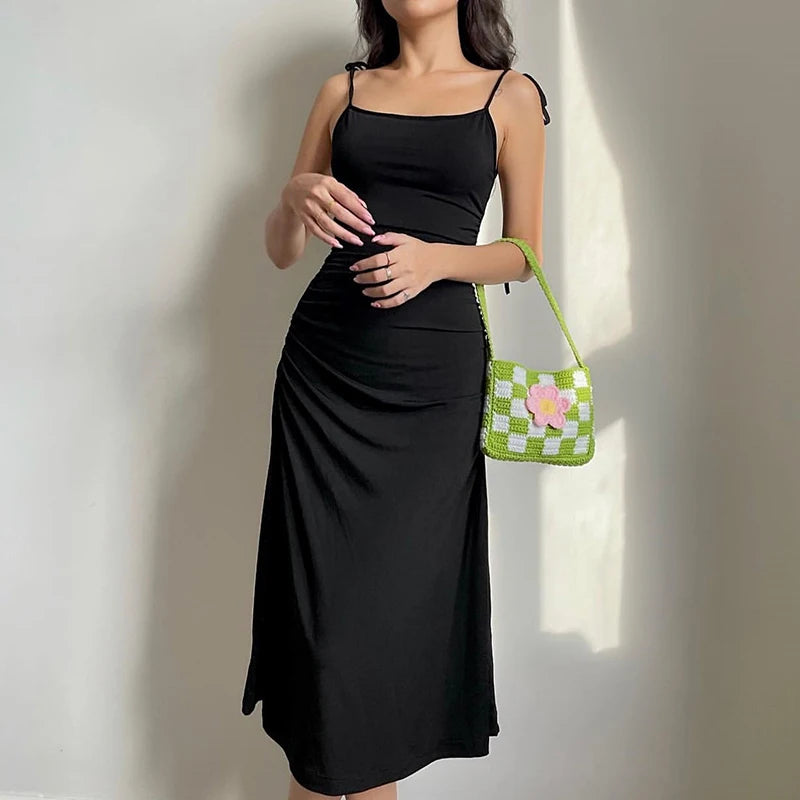 Summer Black Dress Irregular Elegant Backless Party Long Dress Strappy Ruched Sexy Dresses Women Clothes Vintage Vestidos Largos