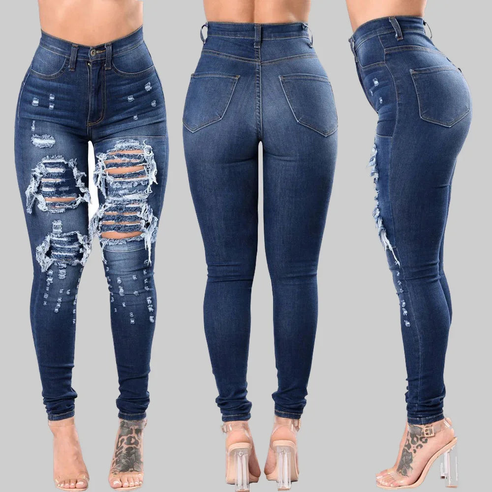 Europe and America Fashion Stretch Washed Ripped Jeans, Women's Spring and Autumn New Slim-fit High-waisted Small Feet Pants