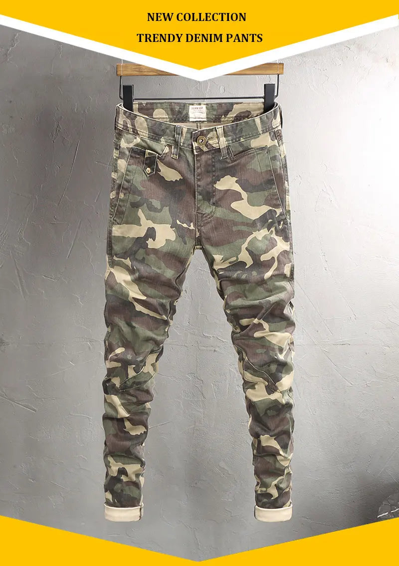 Fashion Vintage Men Jeans Camo Trousers Elastic Slim Fit Hip Hop Jeans Men Spliced Designer Casual Denim Pants