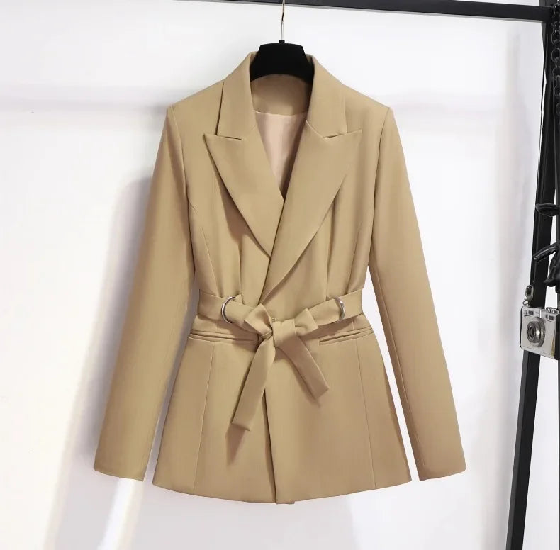 Women's Blazer 2024 Autumn New Korean Fashion Stylish Tie Waist Jacket Unique Luxurious Outerwear for Women Medium Length Jacket