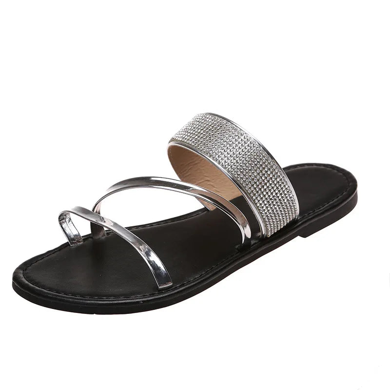 Summer Women Sandals Flat Sandal Sparkle Rhinestone Slide Trendy Women's Beach Sparkly Dressy Slip on Bling Casual Shoes