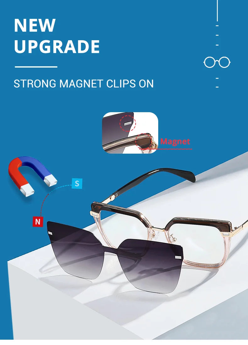 Ralferty Designer Polarized Sunglasses Women 2 In 1 Clips On Glasses Female Spectacles Frame Cat Eye Glasses 0 Diopter Eyewear