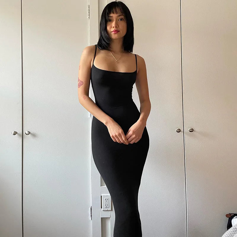 Dresses For Women 2023 Sexy Spaghetti Strap Black Long Dress Evening Y2k Sleeveless Solid Skinny Bodycon Maxi Vestidos