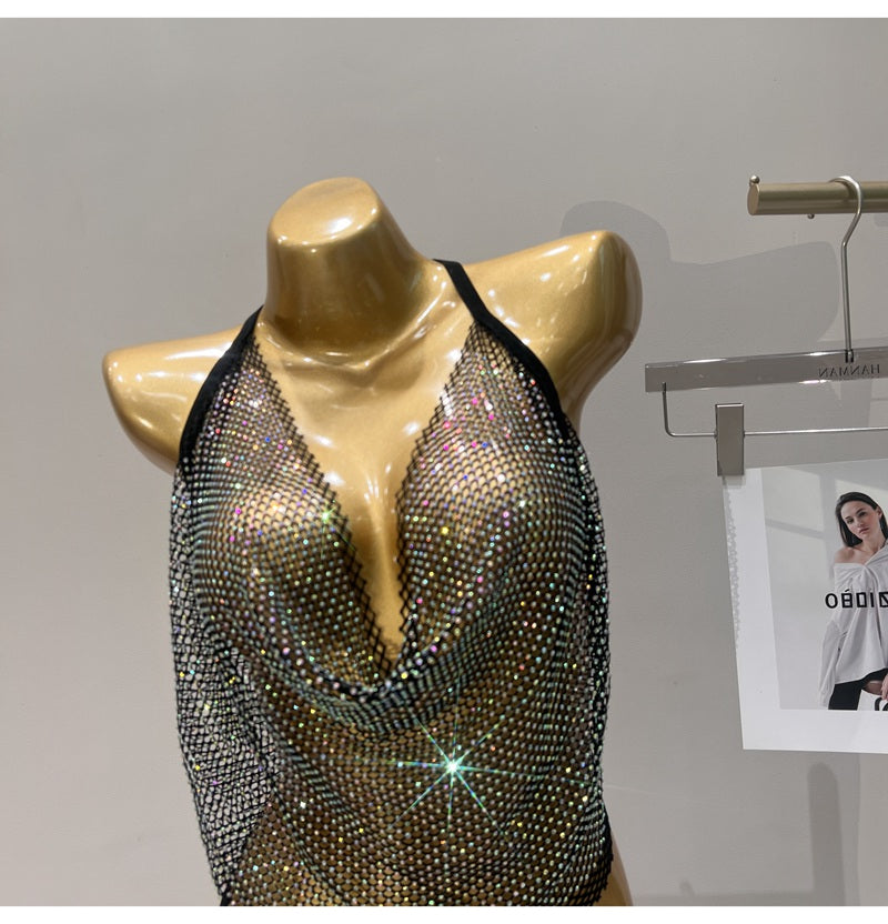 Women's Summer 2023 Sexy Rhinestone Solid Color Camisole Tie Backless Bandage Corset Top Fashion Peplum